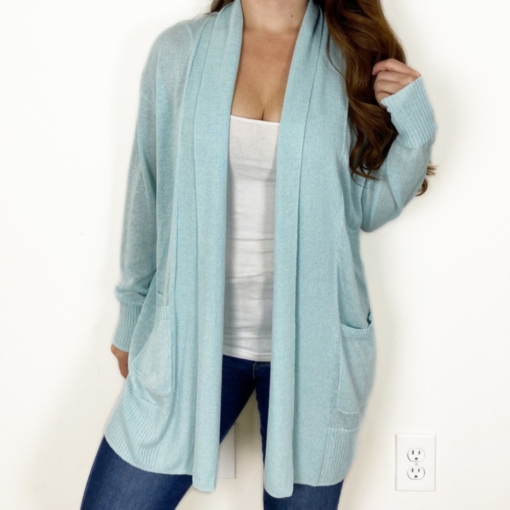 TALBOTS Linen Open Front Baby Blue Long Length Pocket Cardigan Sweater Medium